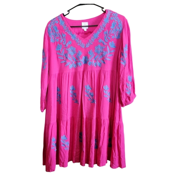J. Marie Fuchsia Pink Blue Embroidered Floral Boho Dress Size Medium Flowy Tunic - Picture 2 of 8